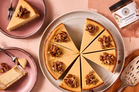 Maple Pecan Cheesecake sliced neatly and seen from above - select to zoom