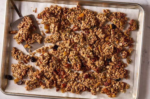 Sourdough Granola on a baking sheet - select to zoom