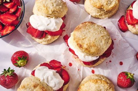 Strawberry Shortcake seen from above on a table cloth - select to zoom