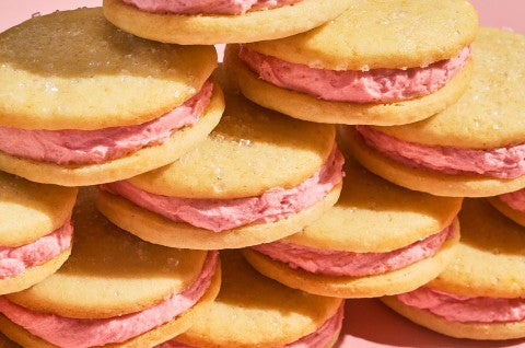 Strawberry Shortcake Cookies stacked together seen from the side - select to zoom