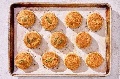 Brown Butter Sage Biscuits on a baking sheet - select to zoom