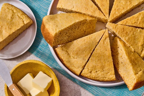 Cornbread sliced and arranged on a plate - select to zoom