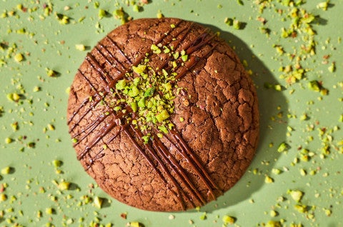 A Dubai Chocolate Cookie on a green background - select to zoom