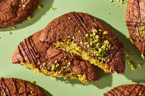 Dubai Chocolate Cookies broken to show the pistachio filling - select to zoom