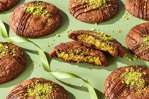 Dubai Chocolate Cookies on a green festive background - select to zoom
