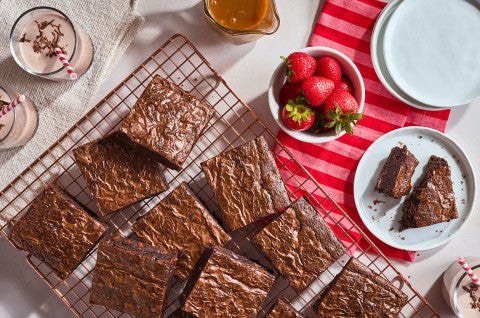 Fudge Brownies on a cooling rack seen from above. - select to zoom