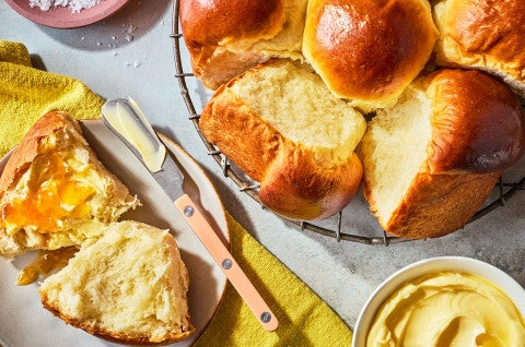 Japanese Milk Bread Rolls arranged on a table and seen from above. - select to zoom