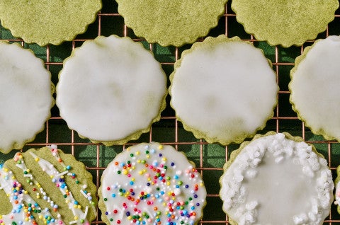 Glazed Matcha Cookies arranged on a cooling rack, seen from above - select to zoom