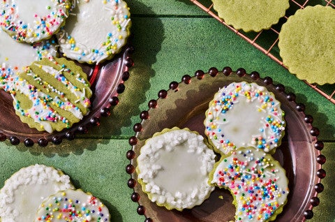 Glazed Matcha Cookies on plates neatly arranged - select to zoom
