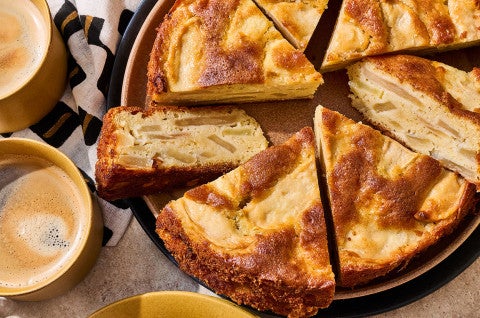 Mostly Apples Apple Cake sliced and arranged on a plate and seen from above. - select to zoom