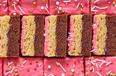 Neapolitan Sugar Cookie Bars arranged in a tight pattern seen from above - select to zoom