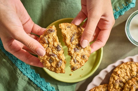 Breaking a soft oatmeal raisin cookie - select to zoom