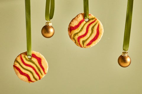 Ribboned Peppermint Shortbread Cookies and bells hanging from green ribbons - select to zoom