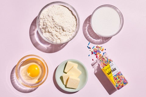 The ingredients to make Sprinkle Crinkle Cookies - select to zoom