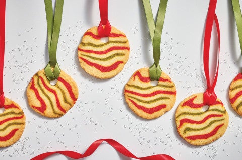 Ribboned Peppermint Shortbread Cookies hanging from ribbons - select to zoom
