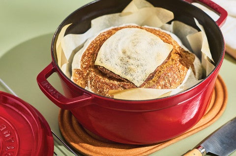 A loaf of sourdough in a dutch oven - select to zoom
