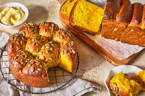 Pumpkin Milk Bread as rolls and a loaf of bread - select to zoom