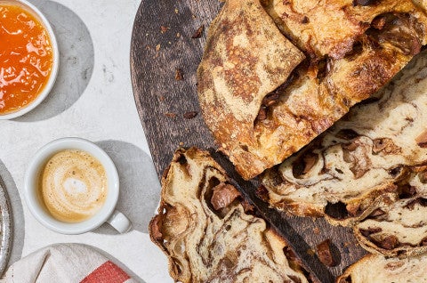 Sourdough Apple Cinnamon Hearth Bread sliced and seen from above - select to zoom