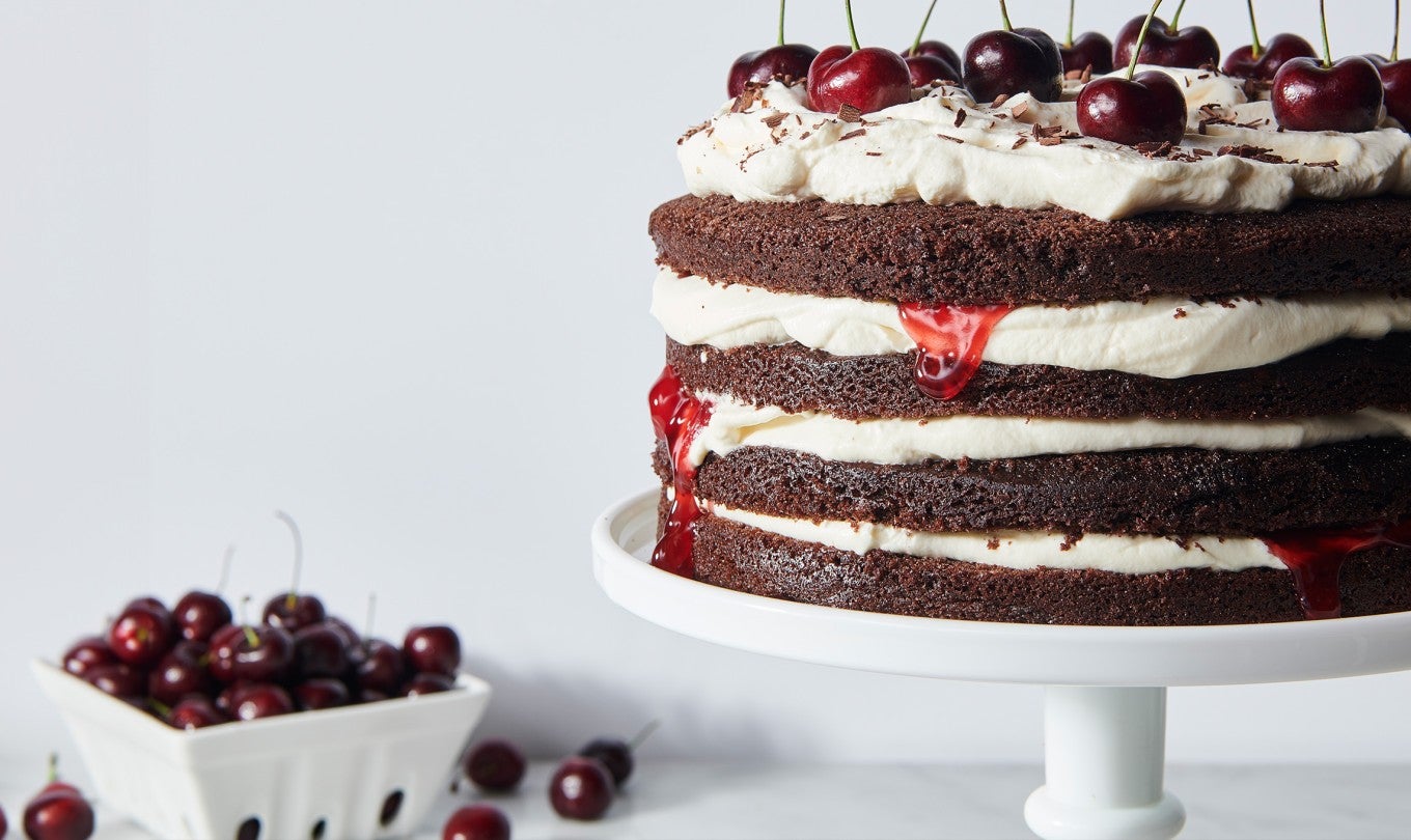 Layered chocolate cake on cake stand