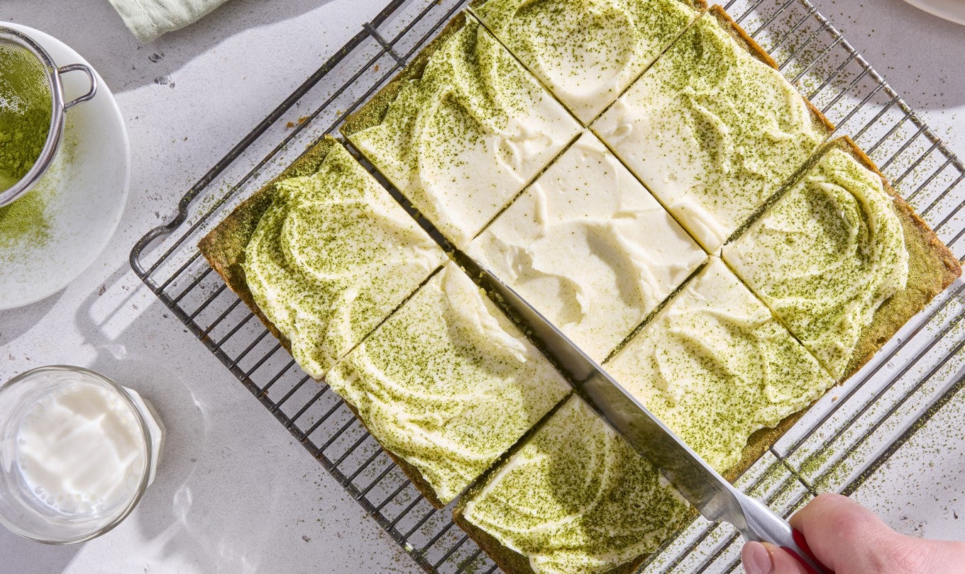 Matcha Latte Bars shot from overhead on a cooling rack