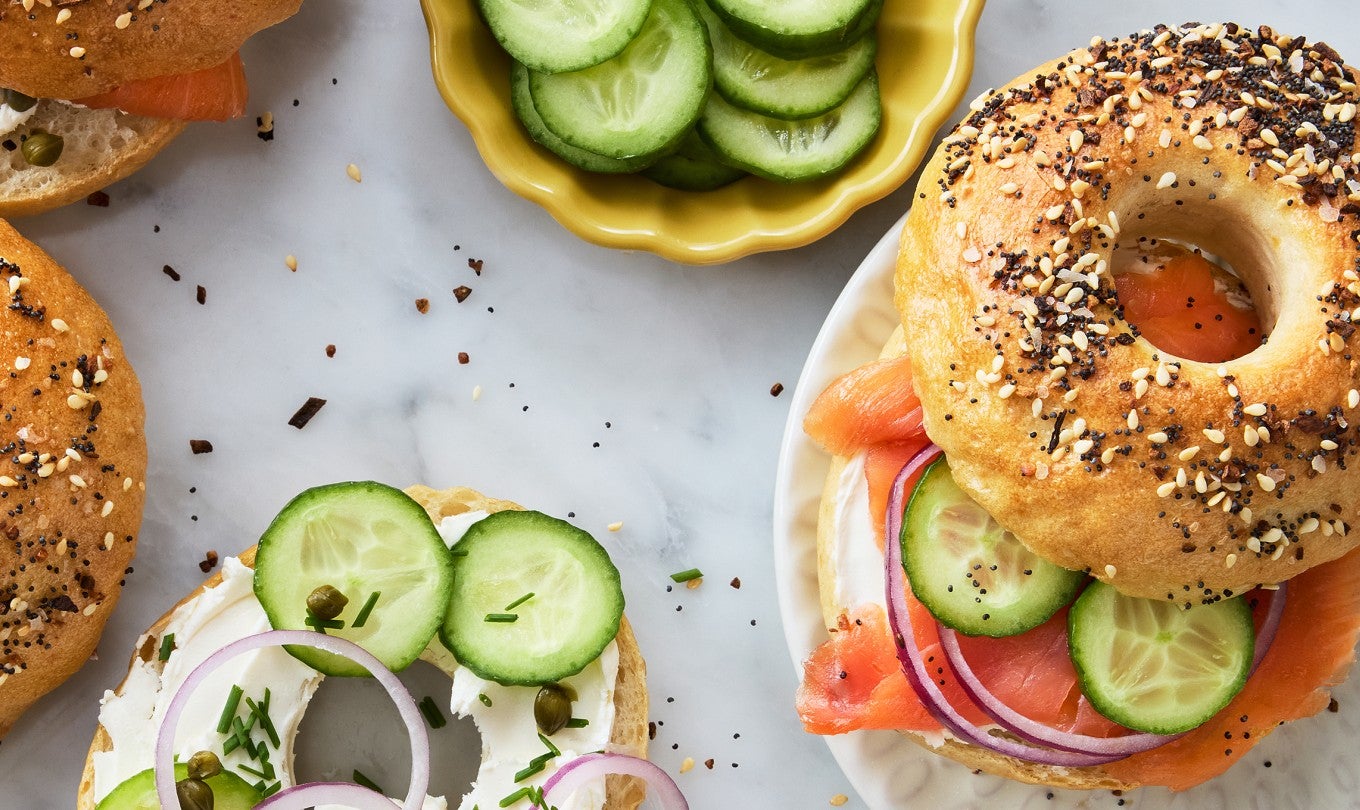 Chewy Everything Bagels made into sandwiches