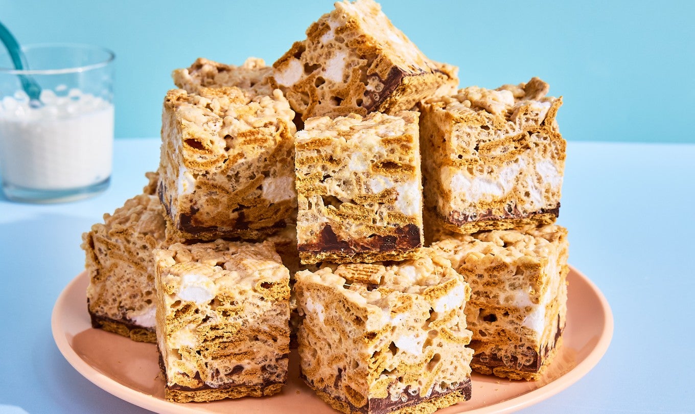 A plate stacked high with S’more Rice Krispies Treats