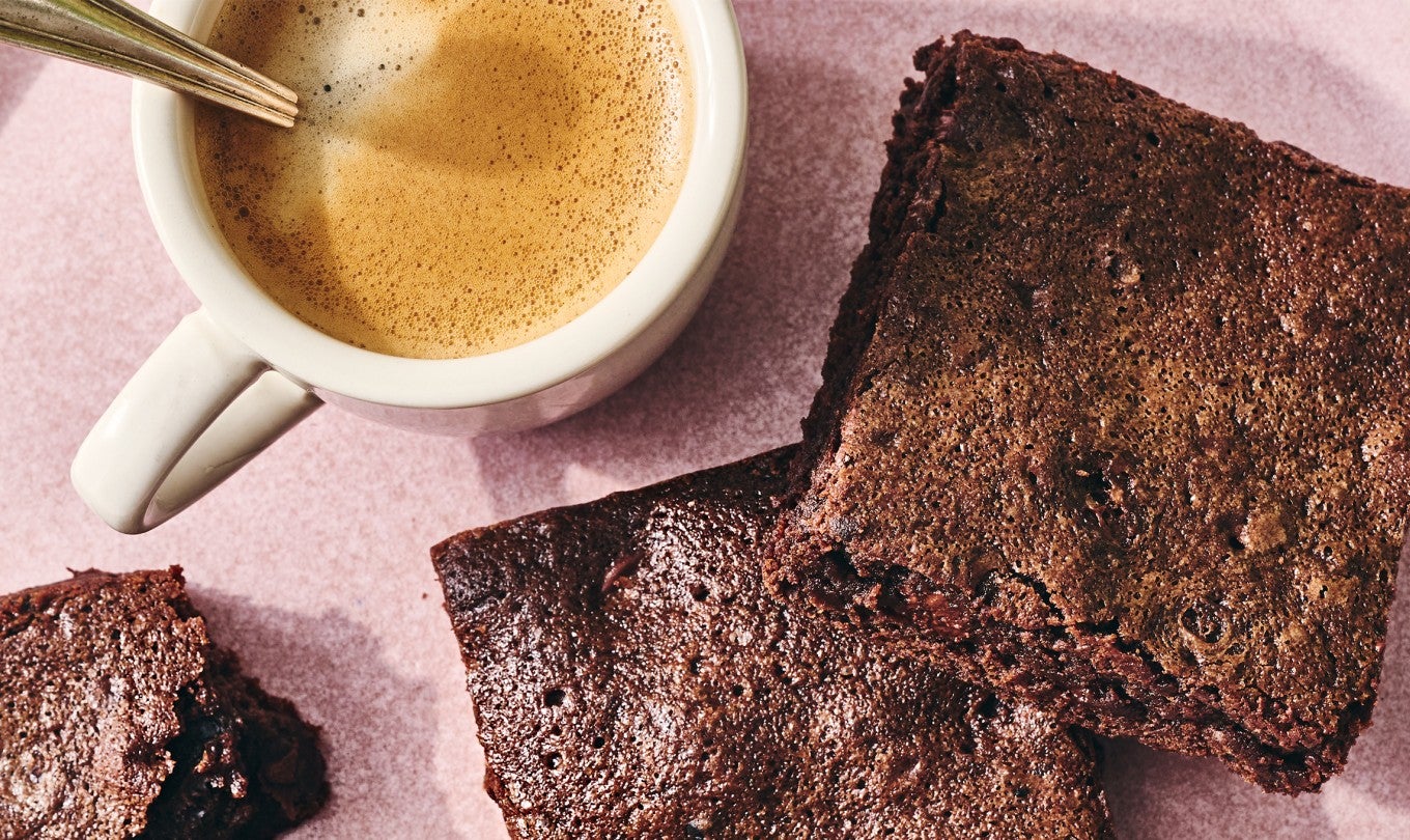 Quick and Easy Brownies on a plate with a cup of coffee