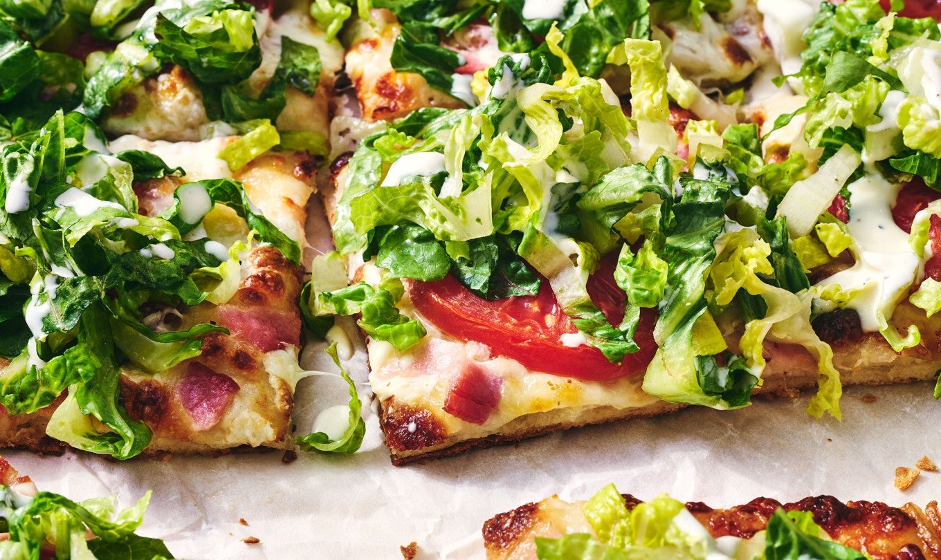 A detailed side view of BLT Pizza