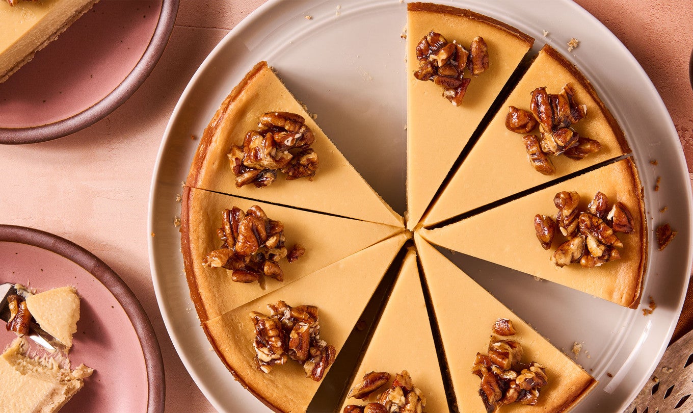 Maple Pecan Cheesecake sliced neatly and seen from above