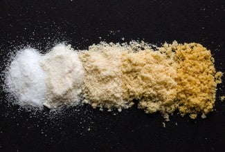 Five kinds of sugar, starting with granulated white sugar and ending with sugar that's been toasted for 4 hours