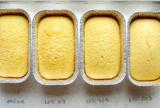 Four pans of cake with different sugar amounts