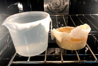 Melted plastic bucket in oven.