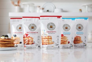 Pancake mixes lined up on the counter