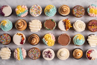 A grid of cupcakes decorated with all different techniques