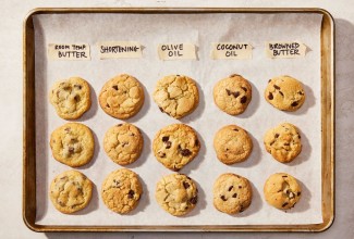 A matrix of chocolate chip cookies made with different kinds of fats