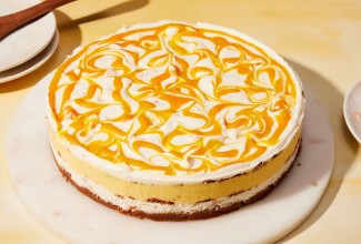Photo of cake from top showing a swirl pattern. 