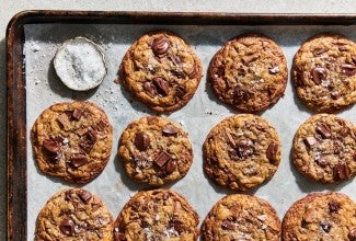 Chocolate chip cookies on a baking sheet