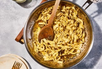 Homemade Pasta with Sage Butter being cooked in a pan