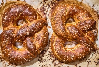 Two Giant Jalapeño Pretzels on a sheet pan