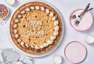 Chocolate Chip Cookie Cake on a counter.