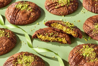 Dubai Chocolate Cookies on a green festive background