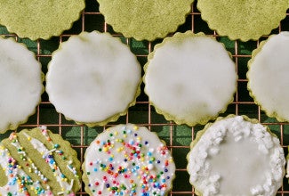 Glazed Matcha Cookies arranged on a cooling rack, seen from above