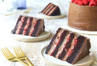 Chocolate Mousse Cake with Raspberries Bakealong via @kingarthurflour