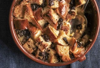 Vanilla Bread Pudding with Prunes and Chocolate