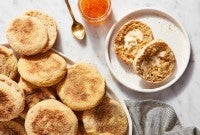 English muffins, toasted and split with butter and jam