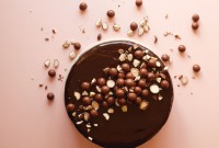 Chocolate cake topped with malted milk powder