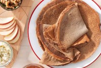 Teff Crepes filled with cream cheese, tomatoes & sprouts -- via @kingarthurflour