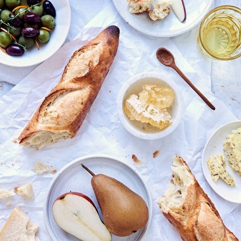 Baguettes with fruit, cheese, and olives - select to zoom