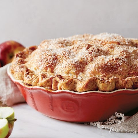 Apple Pie baked in a red pie dish - select to zoom