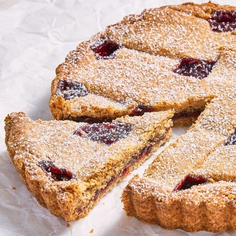 Linzer Tart sliced on a counter. - select to zoom